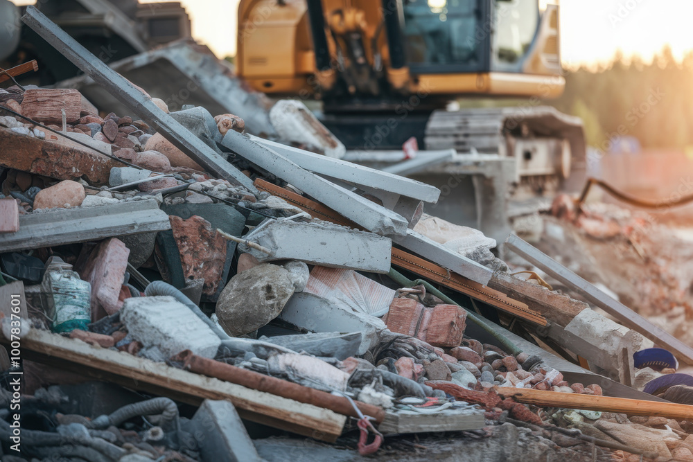 Bulldozer amidst debris and rubble at a construction demolition site during sunset. Bulldozer amidst debris and rubble at a construction demolition site during sunset.