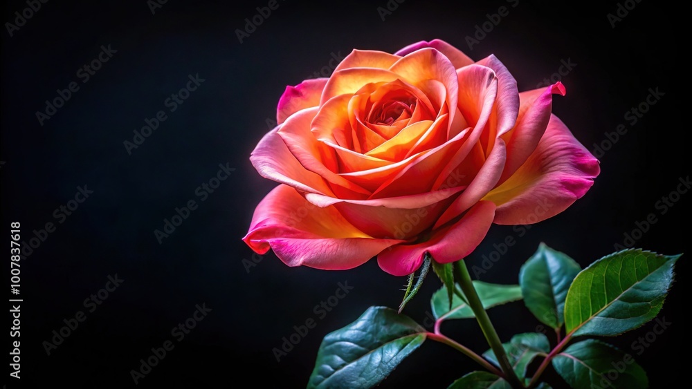 A stunning coral pink French rose blossoms beautifully, contrasting vividly against a deep black backdrop, showcasing its elegance and charm in a striking visual display. A stunning coral pink French rose blossoms beautifully, contrasting vividly against a deep black backdrop, showcasing its elegance and charm in a striking visual display.