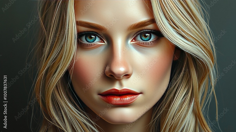 Fototapeta premium A stunning blond woman with a calm demeanor and gentle features, featuring a subtle and enigmatic smile, her serious expression radiating quiet confidence amidst soft, even lighting.