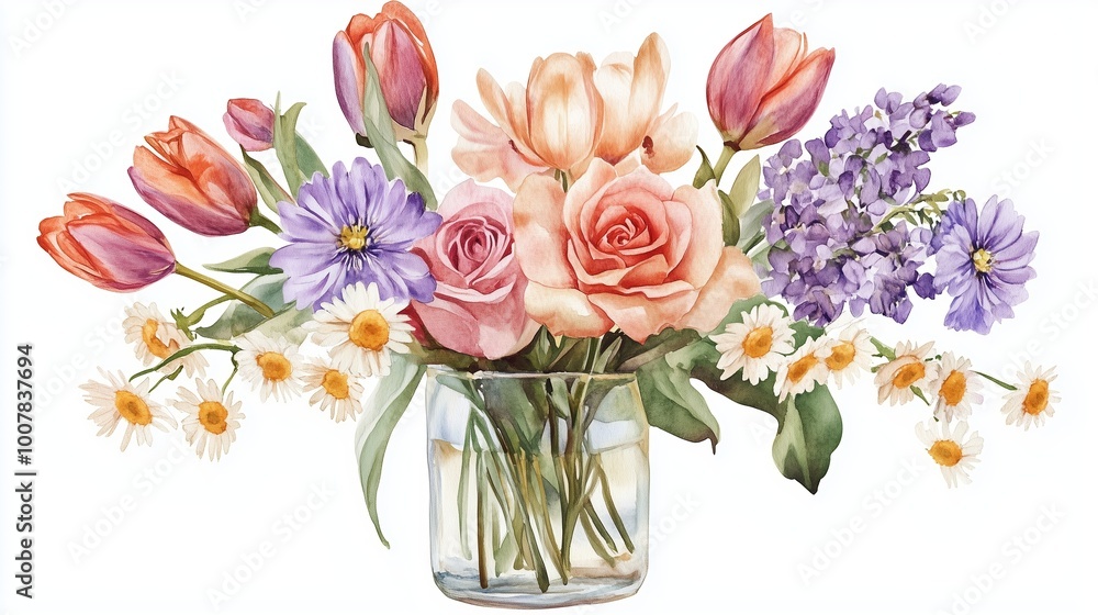 A vibrant bouquet of pink roses, purple lilacs, and tulips in a glass vase set against a light background A vibrant bouquet of pink roses, purple lilacs, and tulips in a glass vase set against a light background