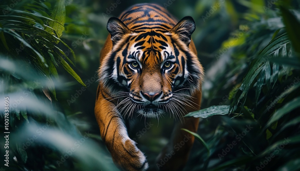A majestic tiger stares intently from the lush green foliage of the jungle. A majestic tiger stares intently from the lush green foliage of the jungle.