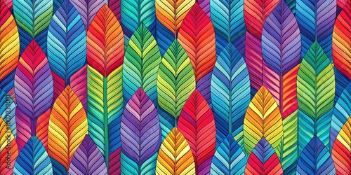 Geometric feather pattern in bold colors, feathers, overlapping, vibrant, eye-catching, geometric, pattern, colorful