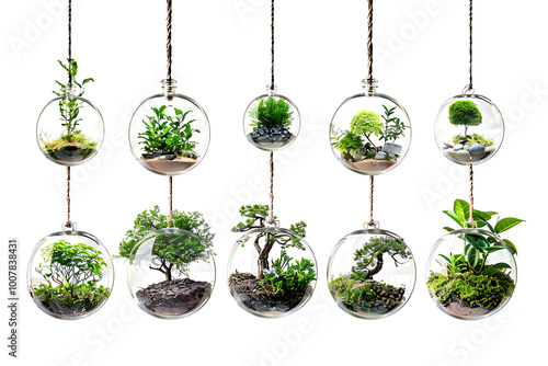 Beautiful arrangement of terrariums with vibrant plants on a rustic table indoors
