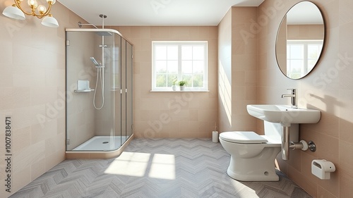 A warm and inviting bathroom interior shines with serene ambiance, showcasing a plush gray floor, hexagonal tiles, and a gleaming white sink and toilet, set against a backdrop of soothing beige walls.