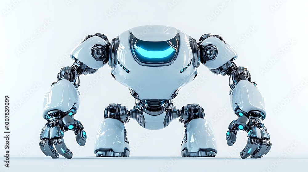 A futuristic white robot illuminated by blue lights, showcasing AI automation. A futuristic white robot illuminated by blue lights, showcasing AI automation.