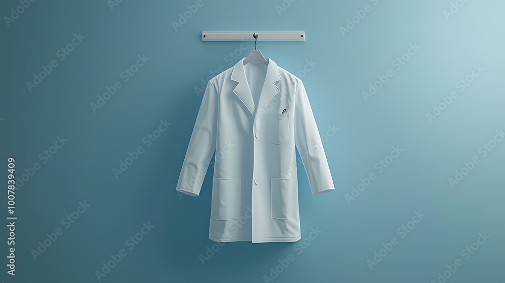A crisp white lab coat, elegantly hanging against a cool blue wall. A crisp white lab coat, elegantly hanging against a cool blue wall.