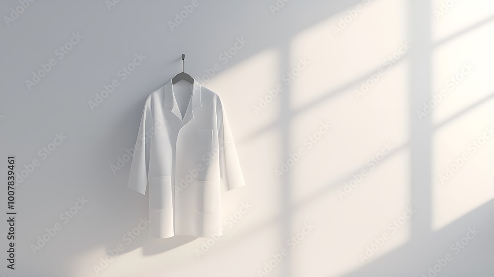 A white lab coat gently hanging on a hook, illuminated by soft light streaks on a white wall. A white lab coat gently hanging on a hook, illuminated by soft light streaks on a white wall.