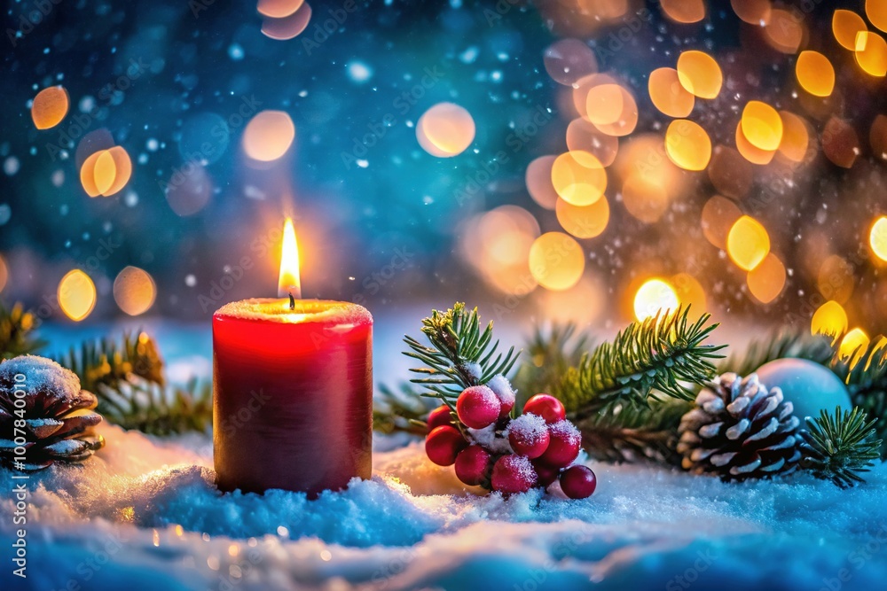 Enchanting Christmas Candle Glowing in a Winter Snowy Landscape with Magical Atmosphere Enchanting Christmas Candle Glowing in a Winter Snowy Landscape with Magical Atmosphere