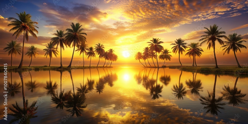 Fototapeta premium Oasis sunset landscape with palm trees, golden sky, and calm water , oasis, sunset, landscape, background,palm trees