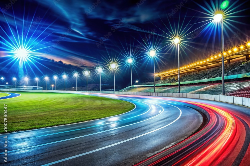 Lively racetrack illuminated at night, featuring dazzling lights and a blur of motion, creating an energetic backdrop perfect for dynamic sports settings. Lively racetrack illuminated at night, featuring dazzling lights and a blur of motion, creating an energetic backdrop perfect for dynamic sports settings.