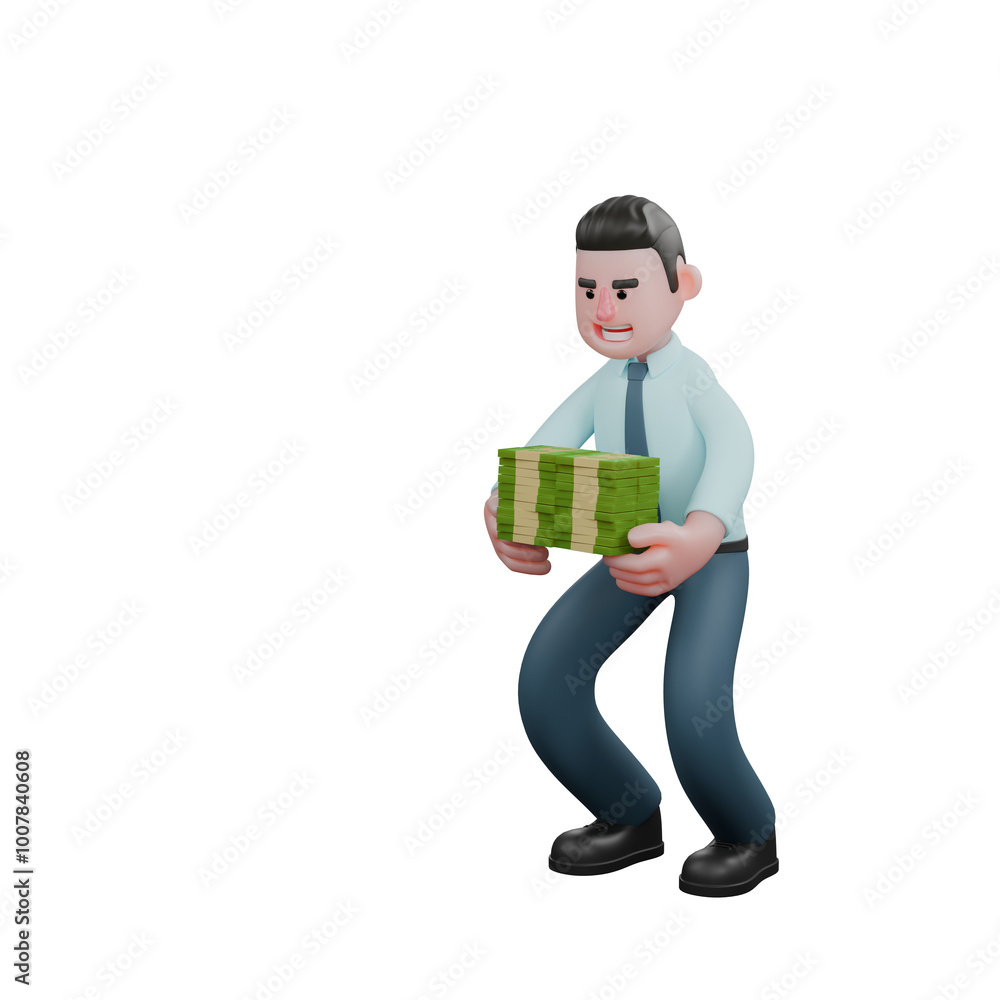 Male Economic Professional in 3D. A male financial analyst is squatting while both hands are carrying various stacks of money. Financial Analyst Cartoon Male Economic Professional in 3D. A male financial analyst is squatting while both hands are carrying various stacks of money. Financial Analyst Cartoon