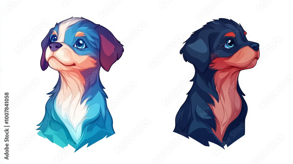 Fototapeta premium Two cute puppies with blue eyes and bright colors.