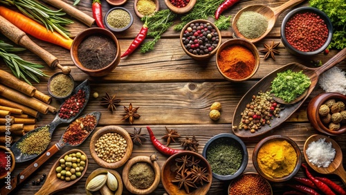 Variety of aromatic spices and herbs displayed on a rustic kitchen table, spices, herbs, seasoning, flavor, cooking