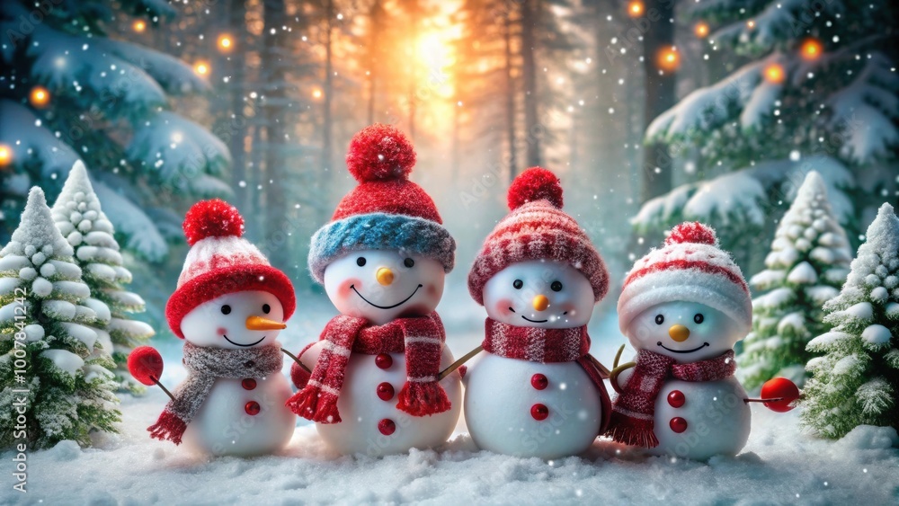 Fototapeta premium Snowmen in a snowy forest setting with festive red hats and scarves