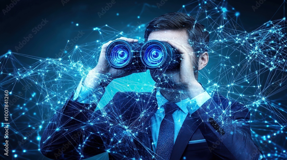 Businessman Observing AI-Generated Network with Digital Binoculars Businessman Observing AI-Generated Network with Digital Binoculars