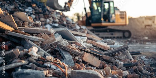 Heavy machinery excavating rubble and debris at a construction site.