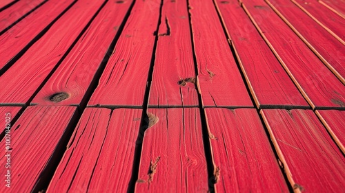 Worn, distressed red wooden planks with visible cracks and grain, showcasing a vintage style background with a warm, earthy tone and textural interest. photo