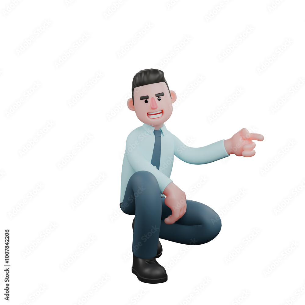 Male Financial Analyst 3D Cartoon. A male financial analyst is squatting with his right hand on his right thigh while his left hand is pointing forward. Professional Economic Male Financial Analyst 3D Cartoon. A male financial analyst is squatting with his right hand on his right thigh while his left hand is pointing forward. Professional Economic