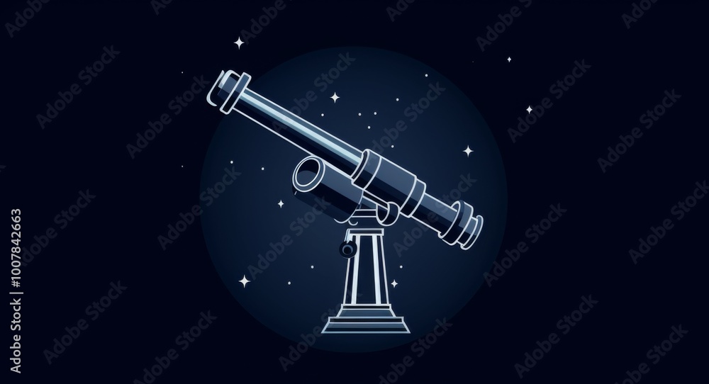 Naklejka premium A simple flat illustration of a telescope set against a starry sky background.