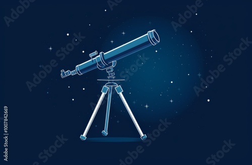 A simple flat illustration of a telescope set against a starry sky background.