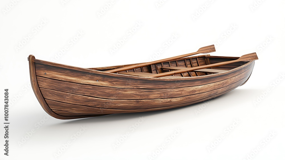 A wooden rowboat with sturdy oars, isolated on white, ready for quiet journeys on calm waters. A wooden rowboat with sturdy oars, isolated on white, ready for quiet journeys on calm waters.