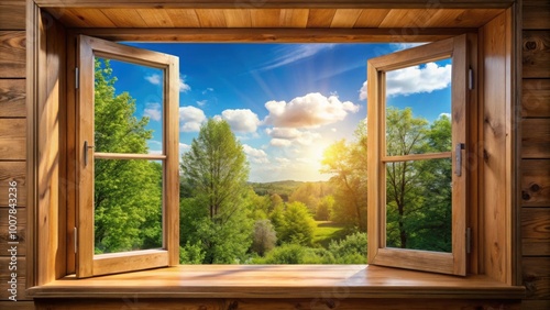 Open wooden window on a sunny day, wood, window, open, sunlight, vintage, rustic, architecture, home, interior, design, view
