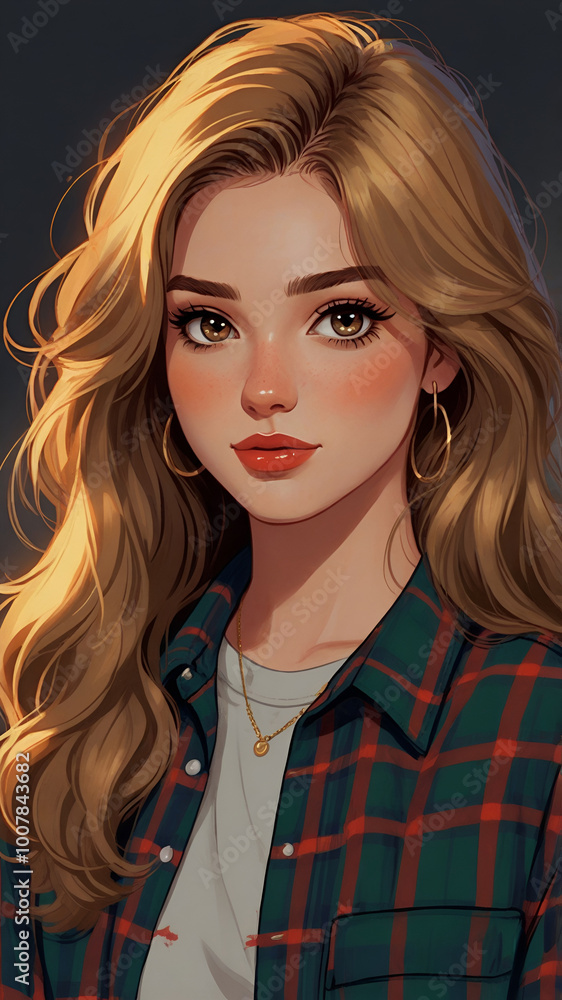 illustration of a young and beautiful woman. Dress her in A plaid flannel shirt over a vintage band tee, ripped skinny jeans, and combat boots. Dark eyeliner and bold lipstick, with hair in messy, und illustration of a young and beautiful woman. Dress her in A plaid flannel shirt over a vintage band tee, ripped skinny jeans, and combat boots. Dark eyeliner and bold lipstick, with hair in messy, und