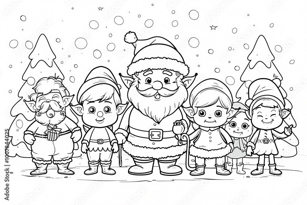 A cheerful group of animated elves and Santa Claus, ready for holiday magic in a snowy forest landscape filled with festive spirit. A cheerful group of animated elves and Santa Claus, ready for holiday magic in a snowy forest landscape filled with festive spirit.