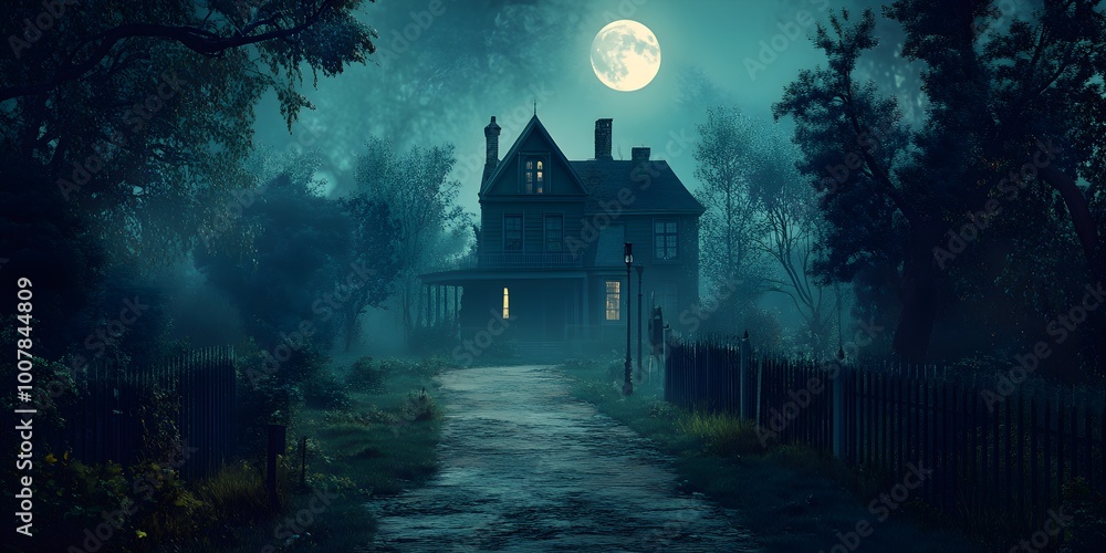 3D illustration of a Halloween concept background of realistic horror house and creepy street with moonlight 3D illustration of a Halloween concept background of realistic horror house and creepy street with moonlight