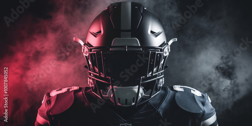 Male football player in dark uniform and helmet, standing amidst dramatic smoke lighting.