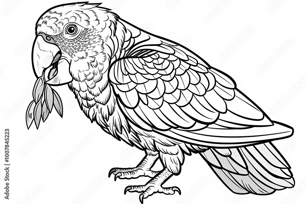 Naklejka premium An intricately detailed illustration of a parrot holding a leaf, showcasing its majestic feathers and keen expression.