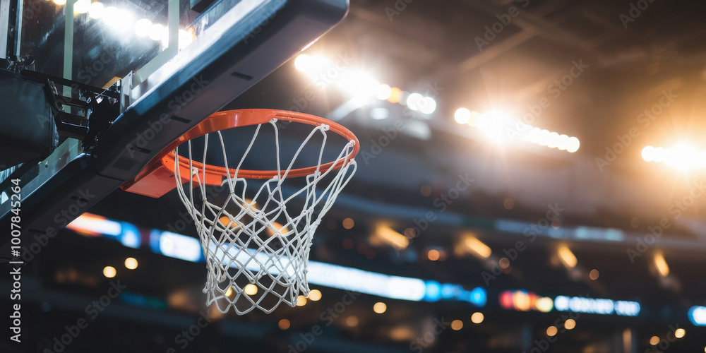 Close-up of a basketball hoop with stadium lights and blurred crowd background. Close-up of a basketball hoop with stadium lights and blurred crowd background.