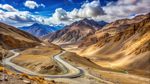 Scenic road winding up to Changla Pass in the Himalayas, Ladakh region, India, mountains, landscape, travel photo