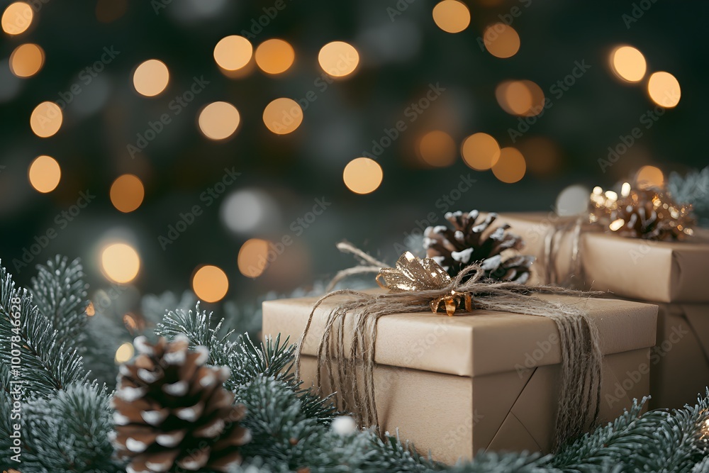 Christmas and new year background - gift boxes and pine cones and branches on the background of bokeh garlands Christmas and new year background - gift boxes and pine cones and branches on the background of bokeh garlands