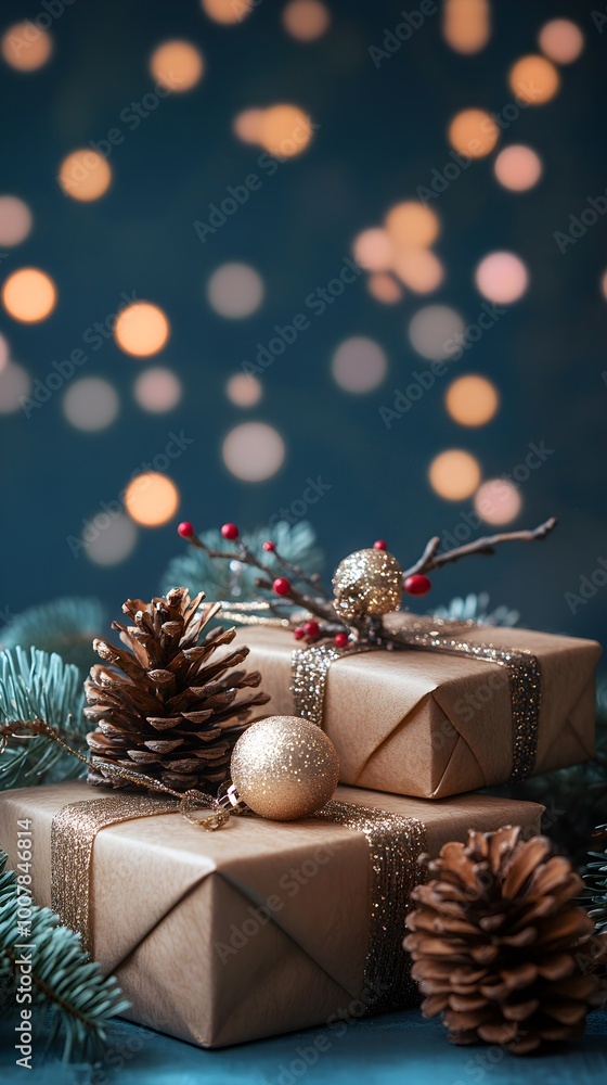 Christmas and new year background - gift boxes and pine cones and branches on the background of bokeh garlands Christmas and new year background - gift boxes and pine cones and branches on the background of bokeh garlands