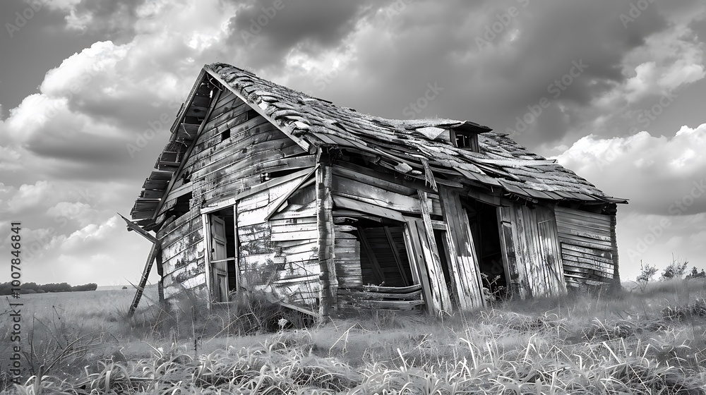 Old destroyed wooden house. Black and white photo Old destroyed wooden house. Black and white photo
