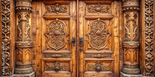 Wooden surface door with rustic finish and intricate carvings, wood, door, surface, rustic, finish