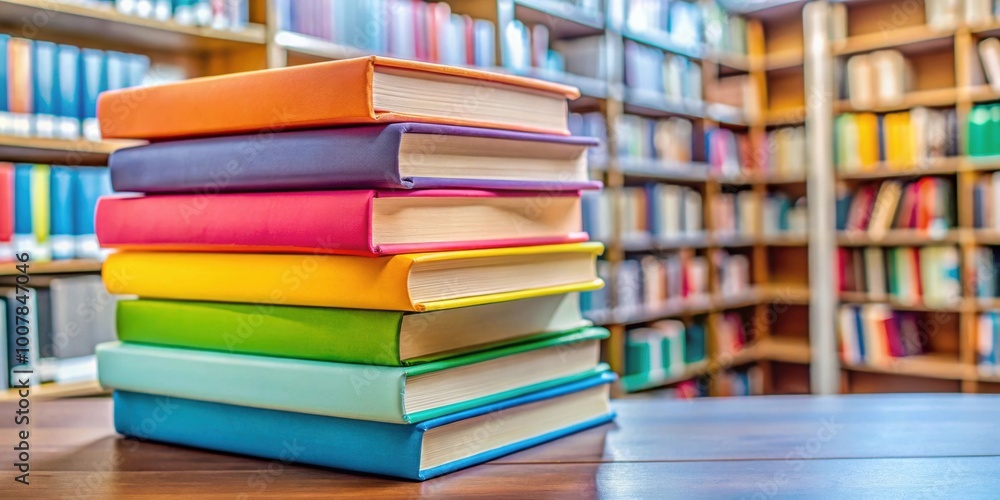 Closeup of a stack of colorful books in a local library, a valuable resource for families to learn and bond together Closeup of a stack of colorful books in a local library, a valuable resource for families to learn and bond together