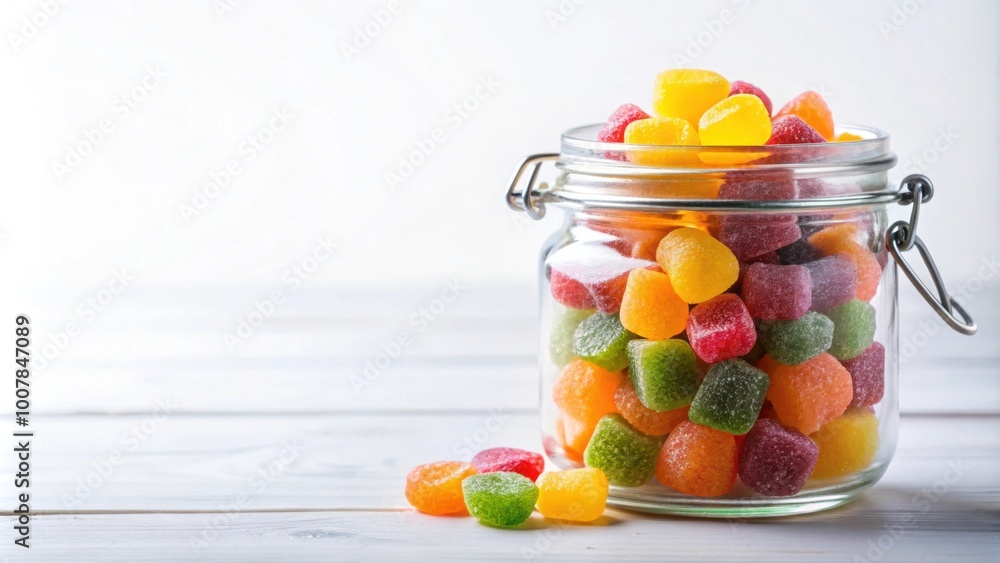 Naklejka premium Colorful and delicious fruit jelly gummy vitamins in a glass jar on a white background, health, nutrition, supplements, vitamins
