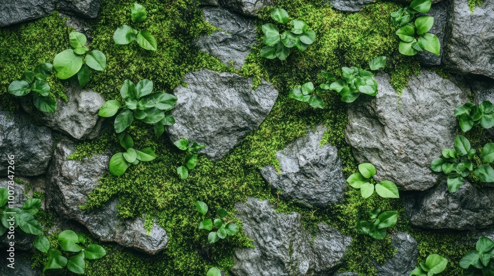 A textured stone wall adorned with lush green moss and small plants. A textured stone wall adorned with lush green moss and small plants.