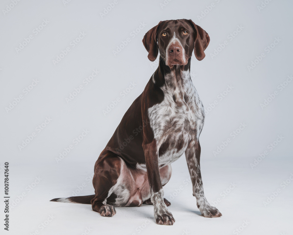 Brown and white spotted dog sitting against a plain white background. Brown and white spotted dog sitting against a plain white background.