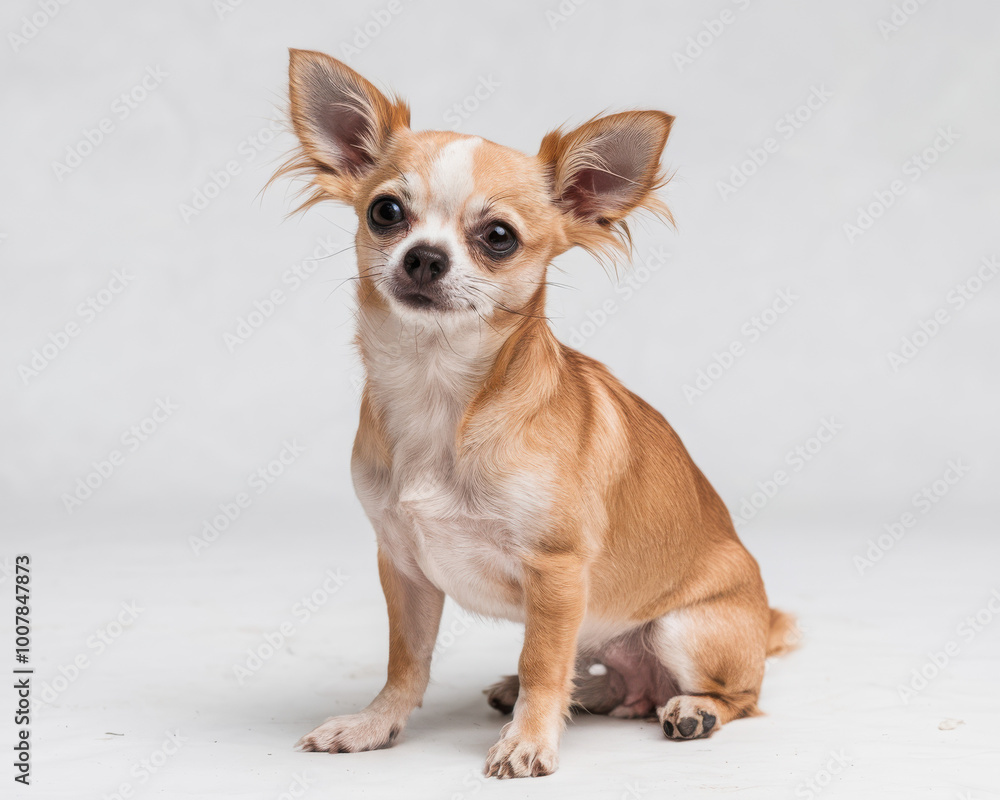 A cute tan Chihuahua with large ears sitting on a white background. A cute tan Chihuahua with large ears sitting on a white background.
