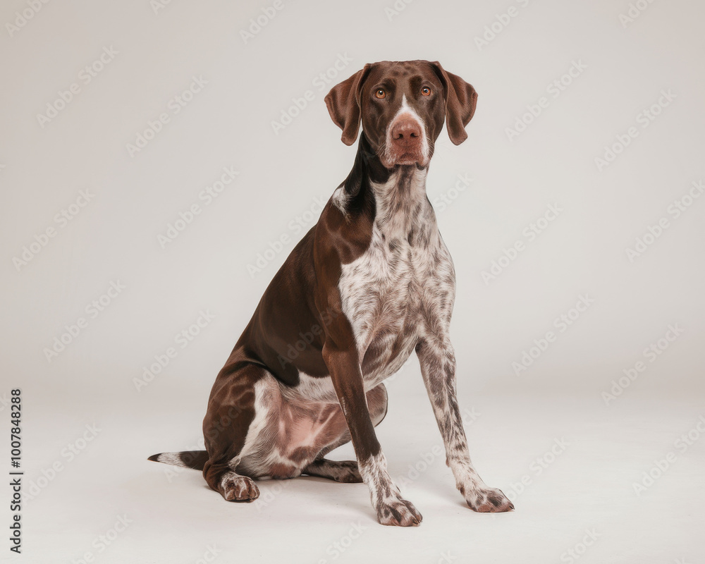 A brown and white German Shorthaired Pointer sits against a white background, looking attentively forward. A brown and white German Shorthaired Pointer sits against a white background, looking attentively forward.