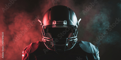 A football player in a black helmet and jersey stands amidst red and blue smoke.