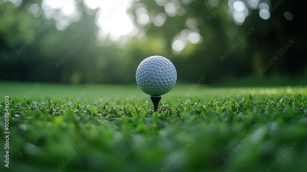 Close-up of a golf ball on a tee with a blurred green background