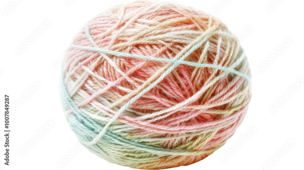 A ball of multicolored yarn sits on a white background A ball of multicolored yarn sits on a white background