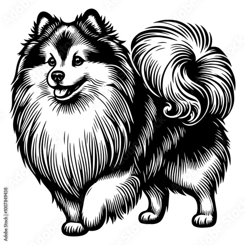 Detailed black and white illustration of a spitz dog. Vector, generative ai.