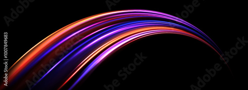 Glowing neon light trail background. Red pink purple arch speed lines. Magic luminous curved swirl concept. Abstract spiral dynamic rotating stripes. Curve streaks for poster, banner, flyer. Vector