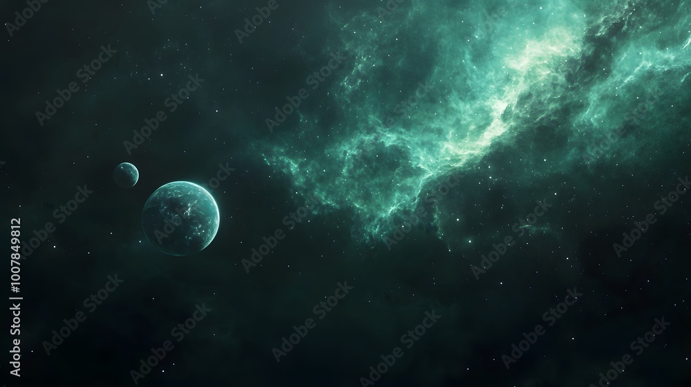 Obraz premium A Single Planet and Moon Orbiting Through a Nebula in the Vastness of Space