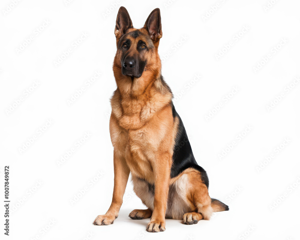 Portrait of a German Shepherd sitting against a white background. Portrait of a German Shepherd sitting against a white background.